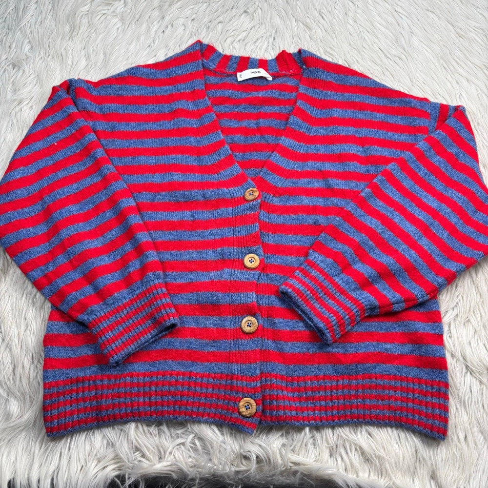 MNG Mango Women's M Red Blue Striped V-Neck Button Cardigan Dopamine Cozycore